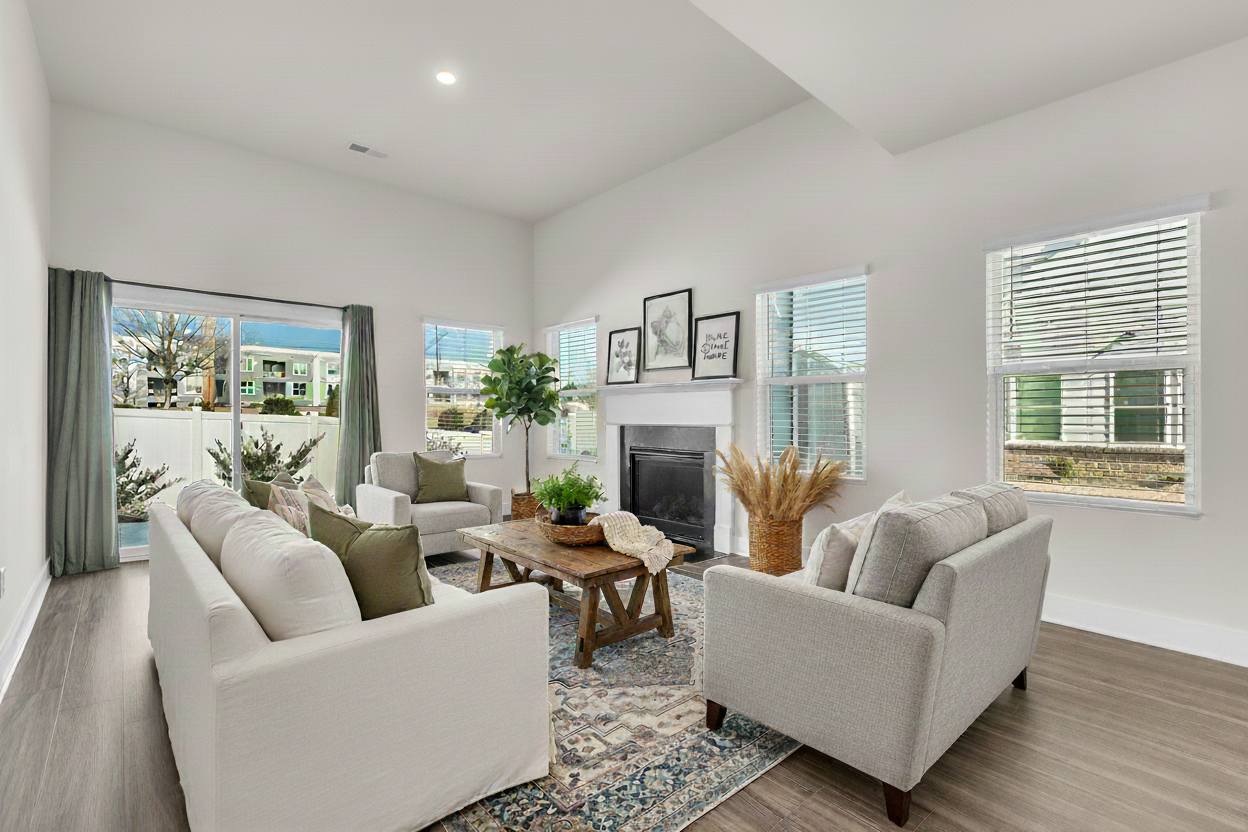 Modern Farmhouse staging style example — warm neutrals with natural wood accents